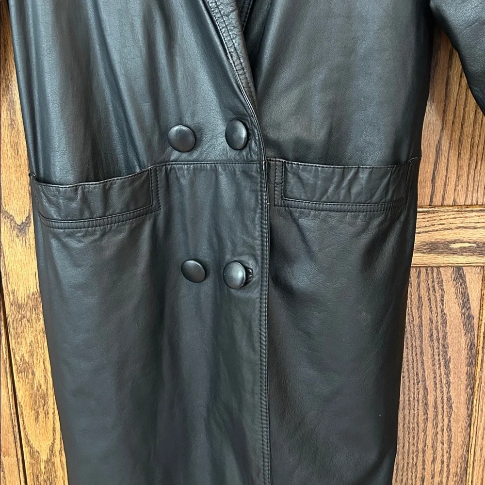 Vintage 80s‎ Black Leather Coat Full Length Maggie Lawrence Size Small Trench